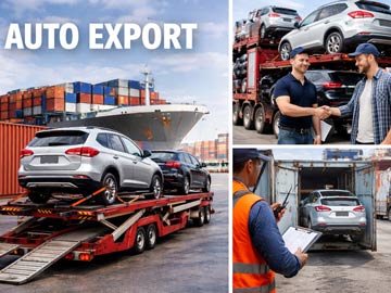 Mehrere Autos stehen auf einem Auto-Umschlag und werden zum Export vorbereitet.